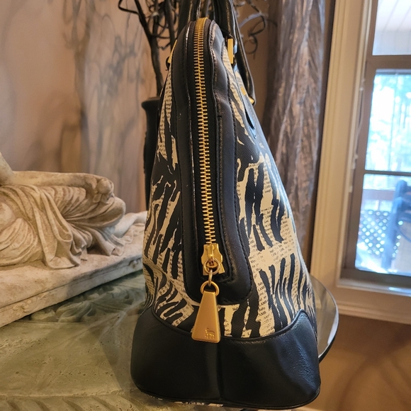 L.A.M.B. by Gwen Stefani Kingston Newspaper Print Zebra Print Bowler Bag #118 - Picture 6 of 15